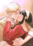  1boy 1girl artist_name black_hair blonde_hair blush closed_eyes collared_shirt earrings felia_hanakata hairband hand_on_another&#039;s_back hand_on_another&#039;s_neck highres hug jewelry kiss long_sleeves red_sweater shirt short_hair sidelocks sleeves_folded_up spy_x_family sweater twilight_(spy_x_family) white_hairband yor_briar 