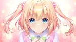  1girl alpha_(yukai_na_nakamatachi) bangs blonde_hair blue_eyes bow bowtie closed_mouth eyebrows_visible_through_hair floating_hair game_cg green_bow green_bowtie hair_between_eyes hair_ornament hair_scrunchie long_hair looking_at_viewer nagima_yumemi non-web_source pink_background pink_scrunchie portrait scrunchie solo sousaku_kanojo_no_renai_koushiki twintails 