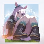  1girl animal_ears bangs black_footwear blush boots bow character_request closed_mouth cross-laced_footwear horse_ears horse_girl horse_tail jacket knees_together_feet_apart knees_up long_hair long_sleeves looking_at_viewer purple_eyes shiroi_karasu sitting skirt smile solo swept_bangs tail umamusume 