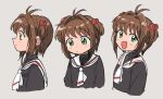  3girls blush brown_hair cardcaptor_sakura closed_mouth female_child green_eyes kinomoto_sakura looking_at_viewer multiple_girls open_mouth school_uniform simple_background tomoeda_elementary_school_uniform tsubobot variations 