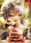  1girl absurdres cake fangs food frilled_shirt_collar frills hat highres looking_at_viewer no_wings purple_hair red_eyes remilia_scarlet shirt solo sweets toho_sweet touhou upper_body vampire 