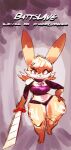  anthro breasts clothed clothing english_text female hair hand_on_hip hi_res kiseff lagomorph leporid looking_at_viewer mammal melee_weapon navel purple_eyes rabbit smile solo sword text thick_thighs weapon wide_hips 