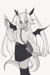  1girl absurdres bag belt black_sclera bow colored_sclera demon_girl emoji greyscale hair_between_eyes hair_bow highres holding horns long_hair long_sleeves looking_at_viewer milim_nova miniskirt monochrome monster_girl original parted_lips pointy_ears pringles shoulder_bag simple_background skin-covered_horns skirt solo sweater tail thighhighs thinking_emoji twintails very_long_hair white_background wings 