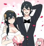  1boy 2girls alternate_universe anya_(spy_x_family) black_hair blush breasts brother_and_sister cleavage dress highres hinghoi incest multiple_girls pink_background siblings smile spy_x_family surprised symbol-only_commentary tuxedo wedding wedding_dress yor_briar yuri_briar 