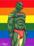  anthro bulge chronos_artes clothing green_body green_scales hi_res lgbt_history_month lgbt_pride lizard looking_at_viewer male muscular nipples pride_color_flag reptile scales scalie solo underwear 