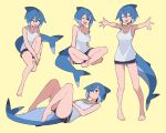  1girl azuumori bare_legs barefoot black_shorts blue_hair fish_tail hair_between_eyes highres knees_up multiple_views one_eye_closed original red_eyes shark_girl_(azuumori) shark_tail short_sleeves shorts simple_background sitting strap_slip tail tank_top white_tank_top yellow_background 