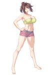  1girl bare_legs bare_shoulders barefoot belt blue_eyes breasts brown_hair choker cleavage grey_belt hand_on_hip highres large_breasts looking_at_viewer mazaki_anzu medium_hair midriff navel one_eye_closed open_mouth ozaneko pink_choker pink_shorts ponytail shirt shorts simple_background smile solo strapless tube_top white_background yellow_shirt yu-gi-oh! yu-gi-oh!_duel_monsters yu-gi-oh!_the_dark_side_of_dimensions 