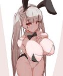  1girl absurdres animal_ears arm_under_breasts azur_lane black_bow black_bowtie bow bowtie breasts detached_collar eyebrows_visible_through_hair fake_animal_ears fake_tail formidable_(azur_lane) from_above grey_hair hand_on_own_chest highres korean_commentary large_breasts leotard long_hair looking_at_viewer meme_attire playboy_bunny rabbit_ears rabbit_tail red_eyes see-through see-through_leotard simple_background solo soranotsuno strapless strapless_leotard tail traditional_bowtie translucent_bunnysuit twintails very_long_hair white_background 