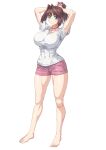  1girl adjusting_hair arms_up bare_legs barefoot blue_eyes breasts brown_hair choker covered_navel full_body highres large_breasts looking_at_viewer mazaki_anzu ozaneko pink_choker pink_shorts ponytail shadow shirt short_sleeves shorts simple_background smile solo standing white_background white_shirt yu-gi-oh! yu-gi-oh!_duel_monsters yu-gi-oh!_the_dark_side_of_dimensions 