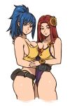  2girls akairiot ass bare_shoulders bikini black_gloves blue_eyes blue_hair breast_press breasts cleavage crossover earrings flower gloves highres jewelry large_breasts league_of_legends leona_(league_of_legends) leona_heidern leotard long_hair looking_at_viewer multiple_girls ponytail red_hair swimsuit tank_top the_king_of_fighters 