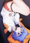  1girl ass blue_eyes blue_hair chestnut_mouth copyright_request feet_out_of_frame glasses hair_ornament hairclip hands_on_headphones hands_up headphones headphones_around_neck highres jacket kitasaya_ai knees_up long_sleeves looking_at_viewer parted_lips puffy_long_sleeves puffy_sleeves red_skirt skirt sleeves_past_wrists solo virtual_youtuber white_jacket x_hair_ornament 