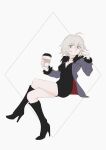  1girl absurdres ahoge black_dress black_footwear boots breasts closed_mouth crossed_legs cup disposable_cup dress fate/grand_order fate_(series) from_side full_body grey_hair grey_jacket high_heel_boots high_heels highres holding holding_cup invisible_chair jacket jeanne_d&#039;arc_alter_(fate) jeanne_d&#039;arc_alter_(ver._shinjuku_1999)_(fate) long_sleeves looking_at_viewer looking_to_the_side medium_breasts medium_hair milim_nova open_clothes open_jacket short_dress sitting solo two-sided_fabric two-sided_jacket yellow_eyes 