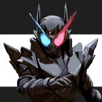  1boy armor black_armor black_background blue_eyes build_driver driver_(kamen_rider) fullbottle glowing glowing_eyes heterochromia highres kamen_rider kamen_rider_build kamen_rider_build_(series) rabbit+tank_form_(black_hazard) red_eyes rence rider_belt tokusatsu two-tone_background white_background 