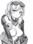  1girl bodysuit breasts covered_nipples eyewear_on_head greyscale highres hololive hololive_indonesia hood hood_down kaela_kovalskia large_breasts long_hair looking_at_viewer monochrome nanashi_(nlo) parted_lips simple_background solo sunglasses upper_body virtual_youtuber white_background 