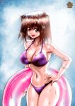  1girl artist_name bikini bracelet breasts brown_eyes brown_hair cleavage cowboy_shot derivative_work eyebrows_visible_through_hair hand_on_hip highres innertube jewelry large_breasts looking_at_viewer mazaki_anzu narrow_waist navel open_mouth purple_bikini short_hair smile solo sparkle swimsuit teeth the_golden_smurf thick_thighs thighs upper_teeth wet wet_hair yu-gi-oh! yu-gi-oh!_duel_monsters 