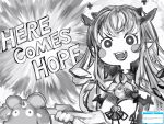  1girl :d blush_stickers crystal_wings demon_girl demon_horns english_text fangs greyscale highres hololive hololive_english horns irys_(hololive) long_hair monochrome mouse mr._squeaks_(hakos_baelz) nanashi_(nlo) pointy_ears sketch smile solo virtual_youtuber wings 