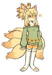  1girl animal_ears blonde_hair closed_mouth fox_ears fox_tail full_body furry furry_female green_sweater highres long_sleeves multiple_tails orange_eyes orange_shorts original ponytail short_shorts shorts signature simple_background solo standing sui_(suizilla) sweater tail thighhighs toeless_legwear white_background white_legwear 