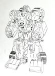 autobot clenched_hands don_allan_figueroa english_commentary greyscale highres looking_ahead mecha mirage_(transformers) monochrome no_humans science_fiction solo standing transformers wheel 