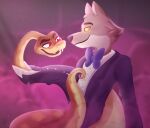  absurd_res anthro black_tie_(suit) bow_tie canid canine canis clothing curled_tail dreamworks duo feral fur happy hi_res j0rnyt male mammal mr._snake_(the_bad_guys) mr._wolf_(the_bad_guys) reptile scales scalie smile snake suit the_bad_guys wolf 