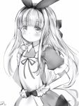  1girl apron arms_behind_back blush bow bow_hairband closed_mouth dot_nose dress flat_chest greyscale hair_bow hairband highres long_hair looking_at_viewer monochrome mononobe_alice nanashi_(nlo) nijisanji simple_background solo virtual_youtuber white_background 