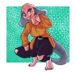  anthro clothed clothing crouching digital_media_(artwork) female gesture hi_res humanoid mammal marshbreeze mouse murid murine rodent simple_background smile solo sweater topwear v_sign 