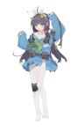  1girl ahoge animal_ears arms_up bangs belt black_hair blue_archive blue_shirt blue_skirt bright_pupils bs0 fake_animal_ears full_body green_neckerchief hair_intakes hairband highres kneehighs leaf leaf_on_head long_hair looking_at_viewer miyu_(blue_archive) neckerchief no_shoes open_mouth pantyhose pouch raised_eyebrows red_eyes sailor_collar shirt simple_background single_kneehigh skirt sleeves_past_wrists snap-fit_buckle solo tearing_up teeth thighband_pantyhose white_background white_legwear white_pupils 