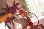  1girl 3d all_fours ass backlighting barefoot beanis bed bed_sheet bedroom black_panties blender_(medium) breasts choker commentary curtains demon_girl demon_tail demon_wings disgaea earrings english_commentary etna headboard highres indoors jewelry looking_away looking_to_the_side makai_senki_disgaea panties pillow pointy_ears red_hair red_legwear skull_earrings small_breasts soles solo tail thong topless twintails underwear window wings 