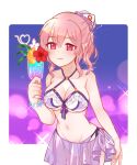  alternate_costume bikini blue_headwear breasts cleavage closed_mouth cup flower food frilled_bikini frills fruit hat holding holding_cup leaning_forward lemon lemon_slice medium_breasts midriff mini_hat mob_cap navel pink_eyes pink_hair purple_bikini rikka_(user_hruv2435) saigyouji_yuyuko sarong short_hair smile stomach swimsuit touhou touhou_danmaku_kagura 