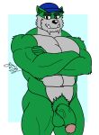  2021 abs anthro big_muscles black_eyes blue_cap dasyurid dasyuromorph fur genitals gorrizz green_body green_fur hi_res looking_at_viewer male mammal marsupial muscular nude penis richard_devil solo tasmanian_devil 