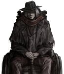  1boy bloodborne cane capelet closed_mouth coat gehrman_the_first_hunter hat highres holding holding_cane kan_(aaaaari35) looking_at_viewer male_focus old old_man red_scarf scarf simple_background sitting solo wheelchair white_background white_hair 