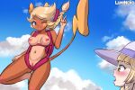  alolan_raichu anthro blonde_hair blush breasts duo female genitals gesture green_eyes hair human lillie_(pok&eacute;mon) lumineko mammal navel nintendo nipples one_eye_closed pok&eacute;mon pok&eacute;mon_(species) pussy regional_form_(pok&eacute;mon) v_sign video_games 