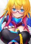  1girl blonde_hair blue_eyes blue_hair blush breasts cleavage glasses gloves highres huge_breasts indie_virtual_youtuber long_hair looking_at_viewer multicolored_hair red-framed_eyewear red_hair relkal_stlife semi-rimless_eyewear smile solo strelka_belca under-rim_eyewear underboob upper_body virtual_youtuber white_gloves 