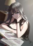  1girl bangs bare_shoulders black_hair book breasts cleavage cleavage_cutout clothing_cutout eyebrows_visible_through_hair grey_eyes hedanji916 lamp long_hair looking_at_viewer open_book original pen slee smile solo upper_body watch wristwatch 