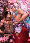  1boy 1girl abs absurdres against_tree aqua_hair assertive_female ayaki_d bare_arms bare_shoulders bead_necklace beads belt black_hair blurry blurry_foreground blush breasts cherry_blossoms closed_mouth cowboy_shot curled_horns day earrings eye_contact face-to-face from_below from_side hair_ornament hair_stick half-closed_eyes hand_on_hip hat hat_on_back height_difference high_ponytail highres hip_vent horns japanese_clothes jewelry kabedon kimono large_breasts lips long_hair looking_at_another motion_blur multicolored_hair multicolored_horns navel necklace nipples nose_blush one_piece oni orange_horns outdoors outline parted_lips pectorals petals portgas_d._ace red_horns rope serious shimenawa short_hair shorts sideboob sleeveless sleeveless_kimono stomach tall_female toned toned_male topless_male tree two-tone_hair v-shaped_eyebrows veins veiny_arms very_long_hair white_hair wind yamato_(one_piece) yellow_horns 