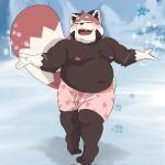  2022 ailurid anthro belly big_belly black_body bulge clothing detailed_background eyes_closed gomdepp hi_res humanoid_hands kemono male mammal moobs navel nipples outside overweight overweight_male red_panda snow solo underwear 