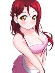  1girl bikini bikini_skirt breasts cleavage cowboy_shot evildaddy12 hair_ornament hairclip half_updo highres long_hair looking_at_viewer love_live! love_live!_sunshine!! medium_breasts pink_bikini red_hair sakurauchi_riko simple_background solo swimsuit white_background yellow_eyes 