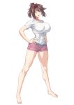  1girl bare_legs barefoot belt blue_eyes breasts brown_hair choker cleavage covered_navel grey_belt hand_on_hip highres large_breasts looking_at_viewer mazaki_anzu medium_hair one_eye_closed open_mouth ozaneko pink_choker pink_shorts ponytail shirt short_sleeves shorts simple_background smile solo white_background white_shirt yu-gi-oh! yu-gi-oh!_duel_monsters yu-gi-oh!_the_dark_side_of_dimensions 