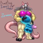  absurd_res anthro balls beard belly big_balls big_belly big_penis clawed_fingers cream_legs eepdabunner eldritch_abomination eldritch_horror facial_hair genitals hand_on_stomach hi_res hooved_toes horn izen_puppyfox long_ears male multi_tail penis pink_horn pink_pecs slime_belly slime_cock solo yellow_arms zerianaol 