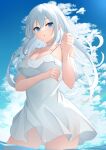  1girl absurdres bangs blue_eyes blue_sky breasts cleavage cloud cloudy_sky collarbone cowboy_shot dress ekidona hair_between_eyes highres large_breasts long_hair original sky solo spaghetti_strap standing standing_on_liquid sundress wading water white_dress white_hair 