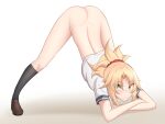  1girl absurdres ass black_legwear blonde_hair brown_footwear commentary english_commentary eyebrows_visible_through_hair eyes_visible_through_hair fate/apocrypha fate/grand_order fate_(series) green_eyes gym_uniform highres jack-o&#039;_challenge looking_at_viewer mordred_(fate) mordred_(fate/apocrypha) pendreon ponytail shirt shoes socks uniform white_shirt 