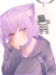  1girl absurdres animal_ear_fluff animal_ears bangs black_hoodie blush cat_ears closed_mouth hand_on_own_cheek hand_on_own_face head_rest highres hololive hood hoodie long_sleeves nanome_to nekomata_okayu onigirya_(nekomata_okayu) purple_eyes purple_hair solo upper_body virtual_youtuber 