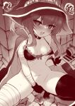  1girl :d ? @_@ bandaged_leg bandages bikini breasts cape collar covering covering_crotch fingerless_gloves gloves greyscale hat highres kono_subarashii_sekai_ni_shukufuku_wo! looking_at_viewer m-da_s-tarou megumin monochrome navel open_mouth pussy_juice short_hair_with_long_locks single_thighhigh small_breasts smile solo spoken_question_mark squatting sweat swimsuit thighhighs witch_hat 