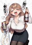  1girl :d ^_^ bag black_skirt bottle breasts can cleavage closed_eyes drunk grey_background highres holding holding_bag holding_bottle holding_can large_breasts original sakura_yuki_(clochette) shirt simple_background skirt smile solo translation_request white_shirt 