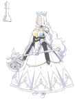  1girl absurdres axe breasts cape chess_piece cleavage closed_eyes closed_mouth crown dress highres holding holding_axe holding_weapon large_breasts long_hair milim_nova original pointy_ears queen_(chess) simple_background smile solo standing very_long_hair weapon white_background white_cape white_dress white_hair 