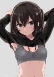  1girl arms_up bangs breasts brown_eyes brown_hair cleavage drawstring eyebrows_visible_through_hair grey_background hair_ornament ica kantai_collection long_sleeves looking_at_viewer navel parted_lips sendai_(kancolle) sendai_kai_ni_(kancolle) short_hair shrug_(clothing) simple_background small_breasts solo sports_bra upper_body 