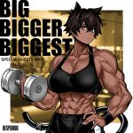  1girl abs absurdres animal_ears barbell bare_shoulders biceps brown_hair cat_ears cat_tail closed_mouth dark-skinned_female dark_skin earrings gym hand_on_hip highres jewelry looking_at_viewer mao_(yotaro) muscular muscular_female original short_hair solo sportswear tail veins weights yellow_eyes yotaro 