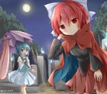  2girls blue_eyes blue_hair bow cape full_moon hair_bow heterochromia hitodama long_sleeves moon multiple_girls night night_sky open_mouth puchimirin red_cape red_eyes red_hair red_skirt sekibanki shirt short_hair skirt sky star_(sky) starry_sky tatara_kogasa tongue touhou tunic umbrella 