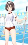  1girl absurdres black_hair blue_sky buruma cloud commentary_request cowboy_shot day fantia_commission feet_out_of_frame grin gym_shirt gym_uniform hairband highres kantai_collection lane_line looking_at_viewer mop outdoors pool red_buruma shirt short_hair sky smile solo string_of_flags t-shirt takafumi tanikaze_(kancolle) white_hairband white_shirt yellow_eyes 