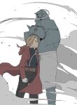  2boys ahoge alphonse_elric armor blonde_hair braid brothers clenched_hands coat edward_elric fullmetal_alchemist highres long_sleeves male_focus multiple_boys red_coat siblings ufkqz 