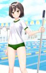  1girl absurdres black_hair blue_sky buruma cloud commentary_request cowboy_shot day fantia_commission feet_out_of_frame green_buruma grin gym_shirt gym_uniform hairband highres kantai_collection lane_line looking_at_viewer mop outdoors pool shirt short_hair sky smile solo string_of_flags t-shirt takafumi tanikaze_(kancolle) white_hairband white_shirt yellow_eyes 